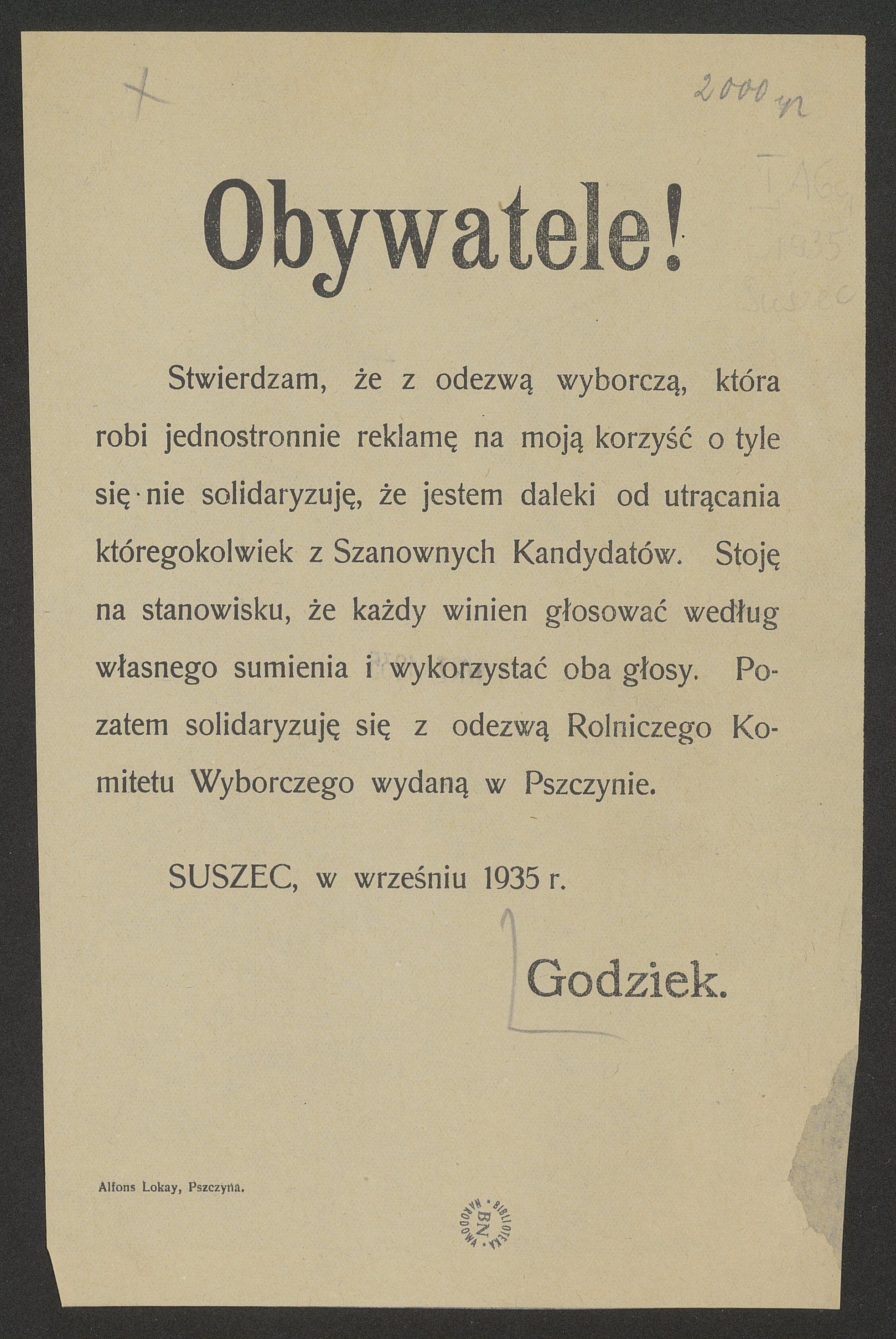 Komunikat Pawła Godźka dotyczący wyborów w 1935 roku (dokument z dnia 1.09.1935r.)