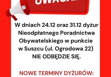 Zmiana dyżurów Nieodpłatnego Poradnictwa Obywatelskiego