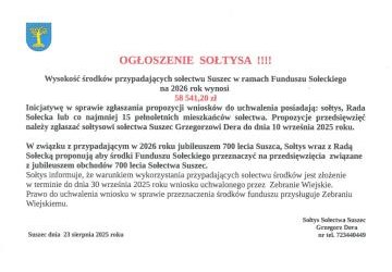 Ogłoszenie dot. Funduszu Sołeckiego dla sołectwa Suszec
