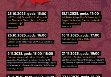 Gminny Ośrodek Kultury w Suszcu zaprasza na 15. SUSZECKĄ JESIEŃ KULTURALNĄ!  8 wydarzeń czeka na Państwa!